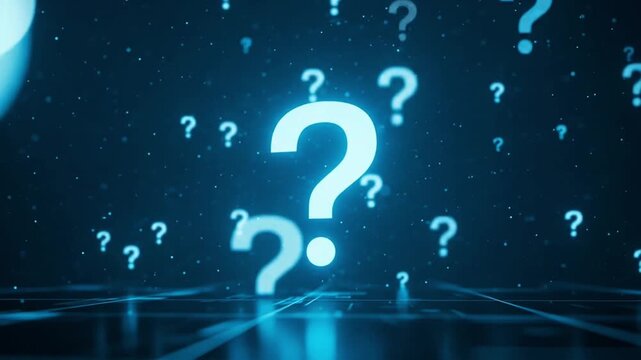 Digital background featuring glowing question marks floating against a dark, futuristic backdrop.