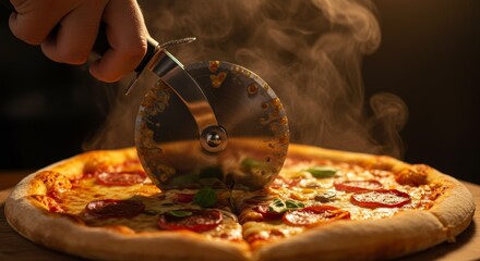 Close-up of a homemade pepperoni pizza being sliced with a pizza cutter showcasing a delicious Italian culinary creation