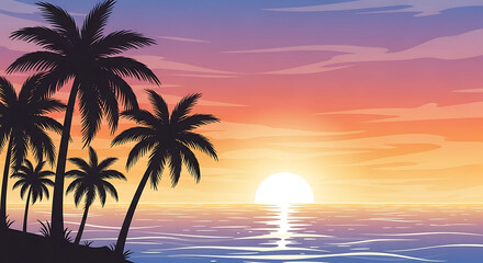 Vibrant tropical sunset over the sea with silhouetted palm trees. A serene vector illustration of an exotic beach paradise.