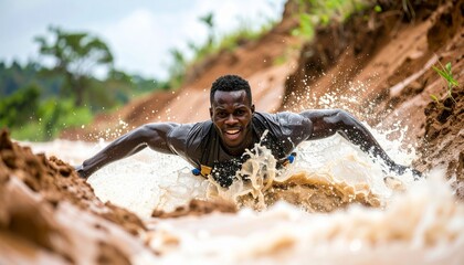 Muscular man races through muddy floodwaters in tropical area, looking determined