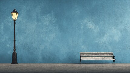 A street lamp illuminates a bench with a blue wall in the background, presenting a simple and clean scene captured in a photographic style.