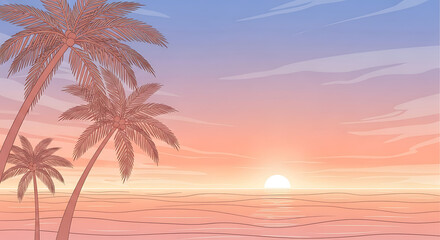 Naklejka premium Beautiful summer sunset on a tropical island with palm trees and a calm sea. Evening paradise landscape illustration.