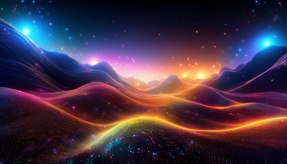 vibrant abstract landscape with glowing particles in darkness