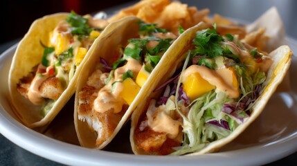 Delightful Crispy Fish Tacos with Mango Salsa and Miso Mayo in Warm Corn Tortillas, Enhanced with Softbox Lighting and Creative Photography Techniques