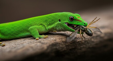 Fototapeta premium Emerald Predator, A Vibrant Green Gecko Engulfs its Insect Prey in Close-Up Detail
