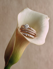Gold Ring Diamonds Calla Petals Floral Design Luxury Romantic Wedding Engagement Sparkle Bridal Accessory Romantic Beauty Bloom Precious Gift Symbol Celebration Charm Classic Natural Bloom Affection