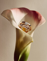 Calla Flower Diamond Rings Jewelry Nature Background Closeup Elegant Beauty Gold Soft Petals Wedding Engagement Romantic Artistic Decorative Floral Bright Blooming Leaf Tender Unique Display