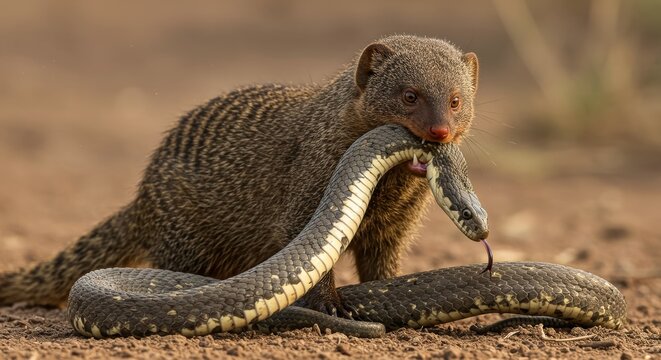 The intense battle between a mongoose and a venomous snake in the wild landscape