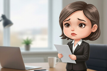 報告書を手に不安そうな40代女性社会人ミニキャラのイラスト（中央余白・透過PNG）