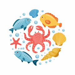 Whimsical Underwater Circle: A Cheerful Gathering of Marine Life in Cartoon Style Illustration