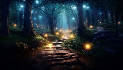 enchanted forest trail a path lit by glowing lights through the dark wilderness