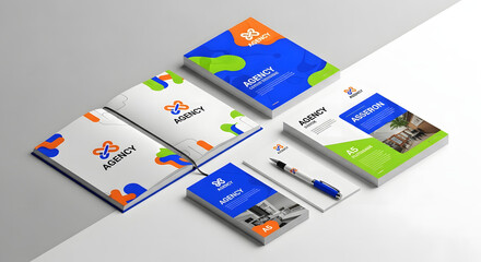 Professional stationery branding mockup showcasing agency collateral with modern design elements and vibrant colors