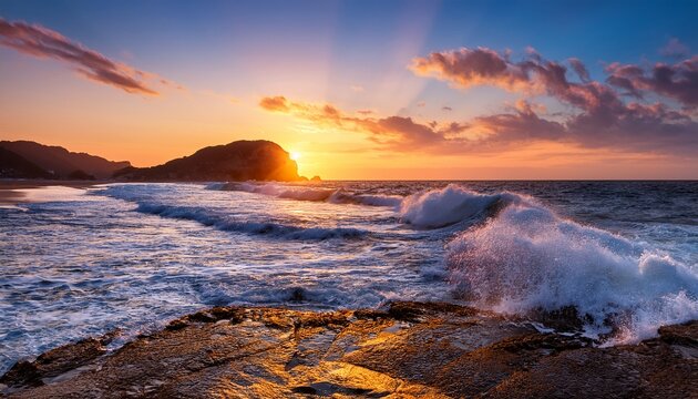stunning dalian coastal landscape with crashing waves and vibrant sunset hues