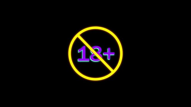 18 plus icon sign animation on black background. Under 18 sign warning symbol. Over 18 only censored. eighteen age older. 4K animation