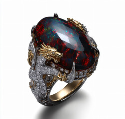 Dragon Opal Gemstone Ring Jewelry Metallic Artistry Vivid Design Luxurious Fashion Ornate Style Exquisite Craftsmanship Bold Opulent Accessory Precious Glittering Collectible Vintage Beauty Shine