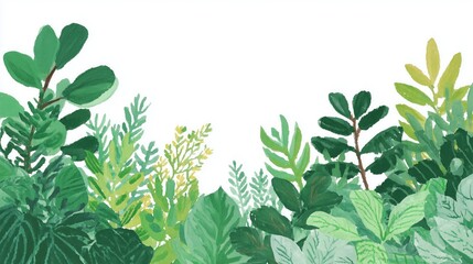 Green plant illustration with various leaves forming a border against white background, ideal for nature - themed wallpaper and poster, embodying fresh and serene botanical design.