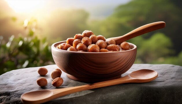 rustic bowl of fermented nuts on a cool stone surface with wooden spoon and soft natural backdrop
