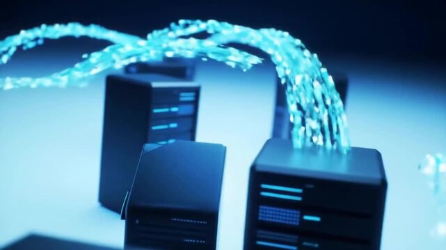 Futuristic data center with glowing connections between servers, showcasing advanced technology