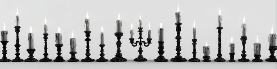 Many black candleholders with lit candles