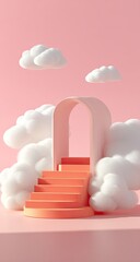 Pastel archway stairway on a pink cloud-filled backdrop