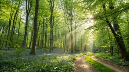 Obraz premium Sunlit Path Through Spring Forest