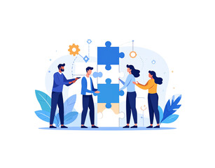 A team of diverse people in a flat illustration style collaborating to assemble a large blue jigsaw puzzle symbolizing teamwork and problemsolving.