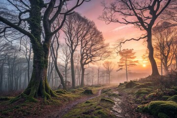 Fototapeta premium Misty Forest Path at Sunrise