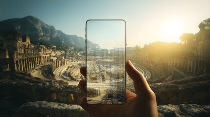 A traveler using a smartphone with augmented reality to see a reconstruction of ancient ruins, a concept for smart tourism and travel technology