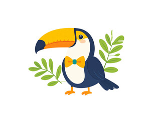 Naklejka premium Charming cartoon toucan with a large yellow beak and a stylish bowtie surrounded by green leaves.