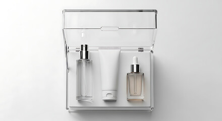 Clear acrylic display case holding various cosmetic bottles and tubes.