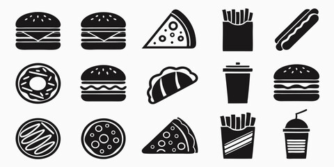 Fast food icons burgers pizza fries drinks donuts french fries