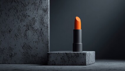 Orange lipstick on dark concrete pedestal