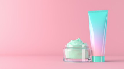 Vibrant Skincare Product Display with Mint Cream Jar and Gradient Tube &ndash; Minimal Design on Pink Background