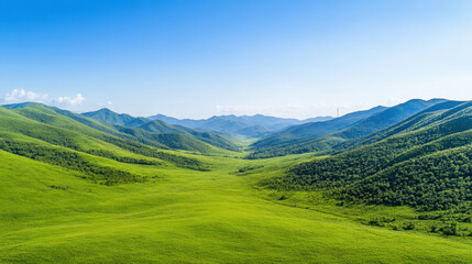 Obraz premium Vast, lush green valley stretches between rolling hills clear blue sky, creating serene and expansive landscape. vibrant greenery contrasts beautifully with bright sky, evoking sense
