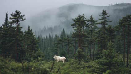 Obraz premium Misty mountain landscape with a lone white goat
