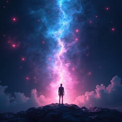 Fototapeta premium A solitary figure stands on a rocky peak under a vibrant, cosmic lightning display in a starry night sky.