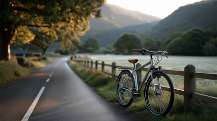 Fototapeta premium A scenic countryside road with a vintage bicycle parked beside the bike lane, early morning sunlight casting long shadows, mountains in the background, green fields glowing with dew, ultra-detailed, h