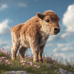 Fototapeta premium Fluffy young bison calf in a meadow