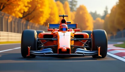 Formula Race Car on a Track Amidst Autumn Trees
