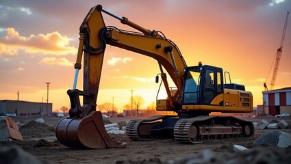 Excavator at Worksite during Golden Hour with Dramatic Clouds