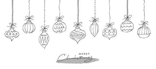 つり下がったクリスマスオーナメントのイラストセット。ラフな落書きスタイルの線画。