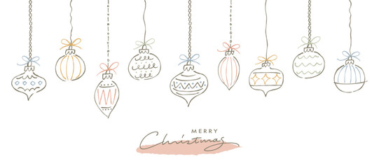つり下がったクリスマスオーナメントのイラストセット。ラフな落書きスタイルの線画。