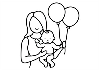 Heartwarming illustration of a mother tenderly holding her infant child surrounded by floating colorful air balloons in a classic black and white aesthetic