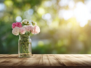 Floral Garden Lights and Flower Vase on Wooden Table – Bright Sunlight and Soft Bokeh with Copy Space