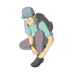 male traveler tying shoelace illustration vector hand drawn with black lines isolated on white background.