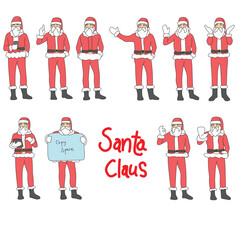 set of slim santa claus activity illustration vector hand drawn with black lines isolated on white background.