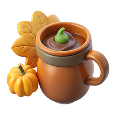 Autumnal 3D Render:  Warm Brown Mug of Chocolate,  Mini Pumpkin, and Fall Leaf; Cozy, Festive Mood.