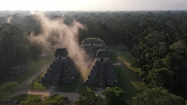 Aerial view of ancient maya ruins in the jungle, with pyramids and temples emerging from the lush vegetation, shrouded in mist and smoke at sunrise