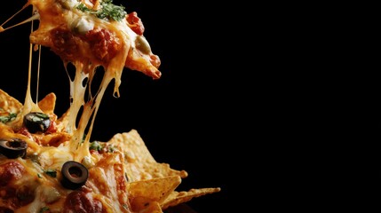 Hot Cheesy Nachos with Melted Mozzarella and Cheddar – Pulled Apart with Olives and Herbs on Black Background