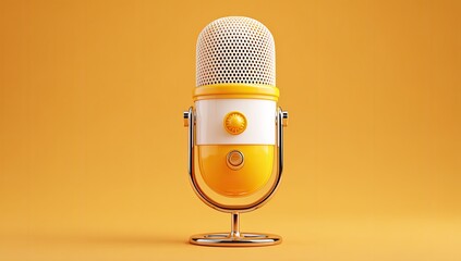 Bright yellow microphone on a gold stand, studio backdrop